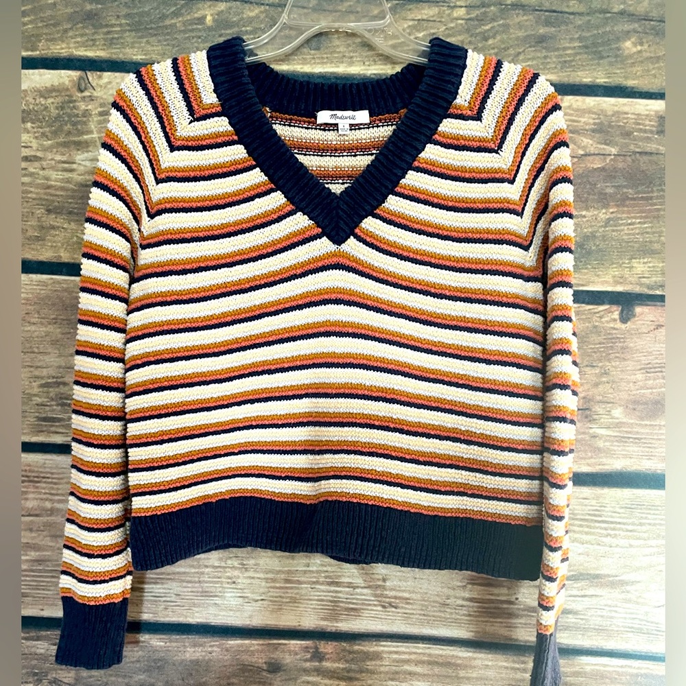 Madewell Arden Striped Cotton Knit V-Neck Pullover Sweater